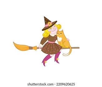 Vector illustration with young witch in a hat with ginger cat flying on a broomstick. Halloween's illustration. Happy Halloween. Cute Halloween characters