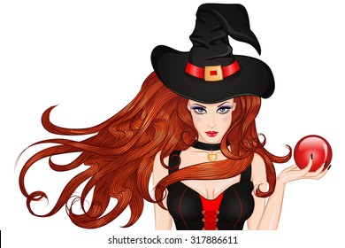 Vector Illustration young witch in a hat with a magic ball in hand. The character for the Halloween