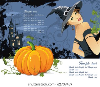 Vector illustration of young witch with pumpkin at Halloween night. Abstract Classical congratulation poster for design with Place for your text.