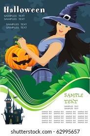 Vector illustration of young witch with pumpkin at Halloween night. Abstract Classical congratulation poster for design with Place for your text.