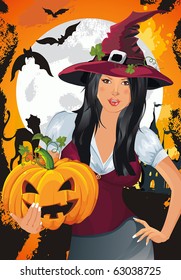 Vector illustration of young witch with pumpkin at Halloween night. Abstract Classical congratulation poster for design with Place for your text.