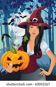 Vector illustration of young witch with pumpkin at Halloween night. Abstract Classical congratulation poster for design with Place for your text.