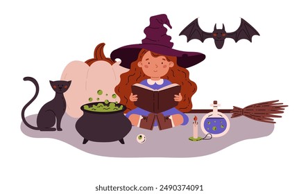 Vector illustration with a young witch who recites a spell surrounded by magical objects and animals: a cauldron with a potion, a broom, a cat and a bat