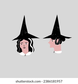 Vector illustration young witches faces in triangle hat. Halloween silhouettes