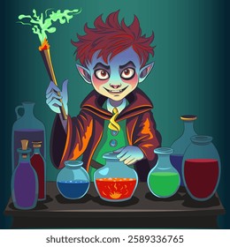 Vector illustration of a young wizard with potions in a fantasy laboratory