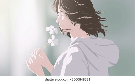 A vector illustration of a young woman admiring and smelling the scent of flowers while there is sunlight shining down on a bright morning.