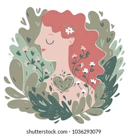 Vector illustration of a young woman among the leaves anf flowers. A girl in harmony with nature concept.