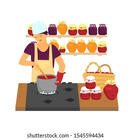 Vector illustration of young woman in apron making jam from berries. Different jars of jam, basket with berries. Woman near oven cooking. Small business, eat local concept. Flat style.