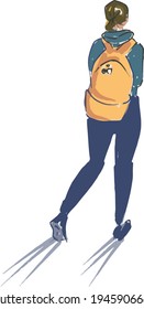 vector illustration of young woman with backpack standing isolated. back view