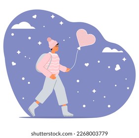 Vector illustration Young woman with backpack carries heart-shaped balloon Happy Valentine's Day. Holiday Birthday Mother's day Father's day Wedding Child birth Surprise Love concept