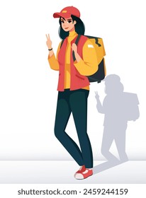 Ilustración vectorial de una mujer joven con una mochila y sombrero, dando un signo de paz sobre un fondo blanco, concepto de aventura. Ilustración vectorial
