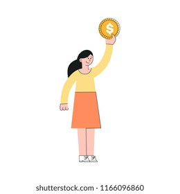 Vector illustration of young woman with big golden dollar coin in her raised hand isolated on white background - trendy flat female character with money symbol for banking and financial concept.