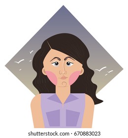 Vector illustration of young woman with black hair wearing purple dress. Portrait, beauty, youth, dream concepts
