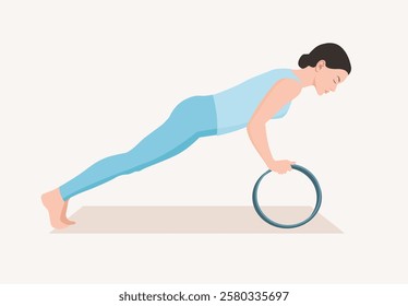 Vector illustration of young woman in blue sportswear practicing assisted plank with yoga wheel. Exercise for good posture, flexibility and balance.