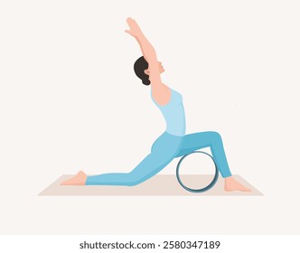 Vector illustration of young woman in blue sportswear practicing crescent pose with yoga wheel. Exercise for good posture, body strength, flexibility and balance.