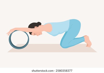 Vector illustration of young woman in blue sportswear practicing Balasana with yoga wheel. Young female doing child’s pose. Woman workout, fitness. Exercise for relaxation and stretching the low back