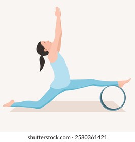 Vector illustration of young woman in blue sportswear practicing Hanumanasana with yoga wheel. Young female doing monkey pose. Exercise for good posture, body strength, flexibility and balance.