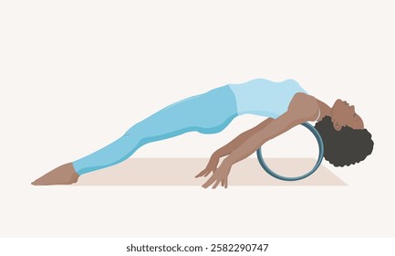 Vector illustration of young woman in blue outfit practicing yoga.Young female doing purvottanasana with yoga wheel. Upward plank pose.Exercise for good posture, flexibility, balance and open chest.