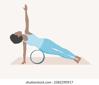Vector illustration of young woman in blue sportswear practicing vasisthasana pose with yoga wheel. Young female doing side plank. Exercise for good posture, flexibility and balance.