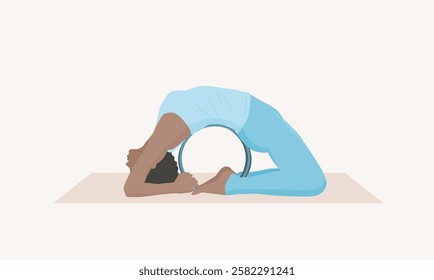 Vector illustration of young woman in blue sportswear practicing Kapotasana with yoga wheel. Young female doing pigeon pose wheel. Exercise for good posture, body strength, flexibility and balance.