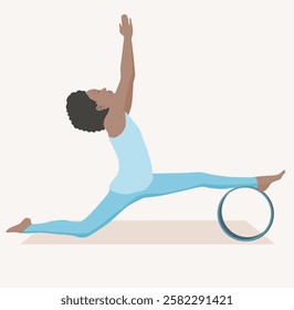 Vector illustration of young woman in blue sportswear practicing Hanumanasana with yoga wheel. Young female doing monkey pose. Exercise for good posture, body strength, flexibility and balance.