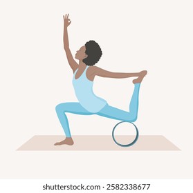 Vector illustration of young woman in blue sportswear practicing Ardha Dhanurasana with yoga wheel. Half bow pose. Woman workout, fitness. Exercise for good posture, body strength, balance.