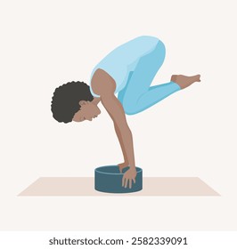 Vector illustration of young woman in blue sportswear practicing Bakasana with yoga wheel. Young female doing crane pose. Exercise for good posture, body strength, flexibility and balance.