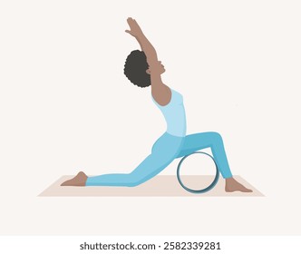 Vector illustration of young woman in blue sportswear practicing crescent pose with yoga wheel. Exercise for good posture, body strength, flexibility and balance.