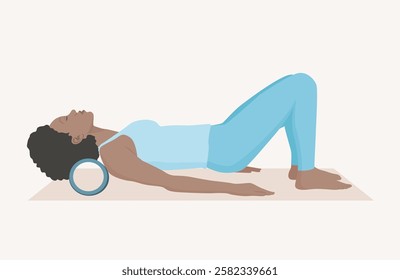 Vector illustration of young woman in blue outfit practicing yoga with yoga roll. Exercise to relieve neck pain and stretch neck muscles.