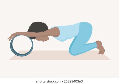 Vector illustration of young woman in blue sportswear practicing Balasana with yoga wheel. Young female doing child’s pose. Woman workout, fitness. Exercise for relaxation and stretching the low back