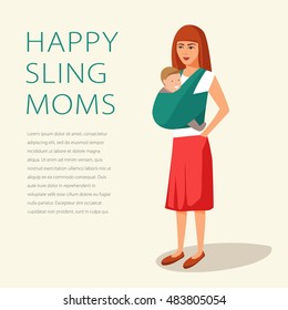 Vector illustration of a young woman carrying child in a baby sling