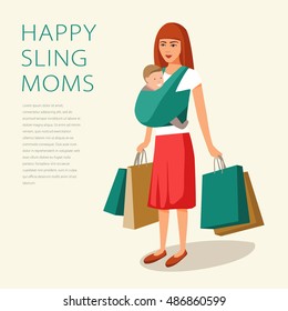 Vector illustration of a young woman carrying shopping bags and a child in a baby sling 