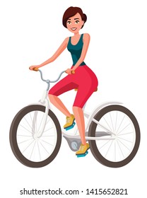 Vector illustration of young woman in casual clothes riding bicycle. Cartoon realistic people illustration. Flat young woman.Front view. Isometric view. Sportive woman. Training, bike.