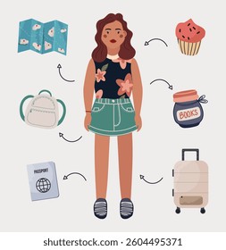 Vector illustration of young woman character. Passport, suitcase, muffin, travel map elements.
