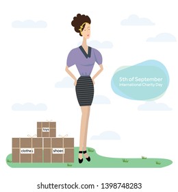 Vector Illustration with young woman and charity boxes
