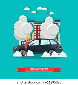 Vector illustration of young woman clearing car from snow. Snowdrift concept design element in flat style.