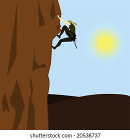 Vector illustration of a young woman climbing a steep rock