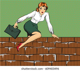 Vector illustration of young woman climbing over the fence or brick wall. Business woman overcoming challenges concept in retro pop art comic style.