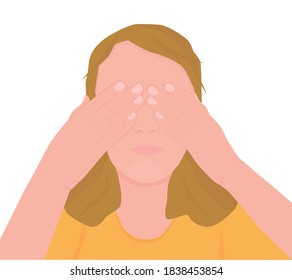 Vector illustration of young woman with closed eyes by her hands. Vector illustration isolated on white background.