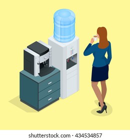 Vector illustration with young woman with coffee cup, coffee machine and Water cooler. Flat 3d isometric concept