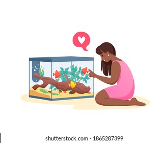 Vector illustration of young woman is communicating with fishes, best pet friends. Girl loves fishes, take care about aquarium