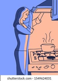 Vector Illustration Of A Young Woman Cooking Under The Light Of The Lamp Bulb From The Hood At Night. Woman Cook Soup, Alone. Flat Cartoon Style.