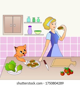 Vector Illustration With A Young Woman Cooking Hamburgers In The Kitchen, While A Sly Red Cat Tries To Steal Them