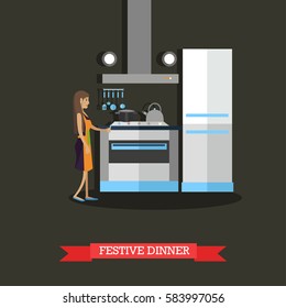 Vector illustration of young woman cooking festive dinner in kitchen. Holiday meal, cartoon character, kitchen interior. Merry Christmas and Happy New Year design element in flat style.