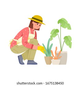 vector illustration of a young woman crouching while caring for plants or flowers in a pot, the concept of character gardening illustrations