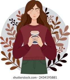 Vector illustration of young woman with a cup of coffee in her hands. Beautiful girl with floral composition in flat style