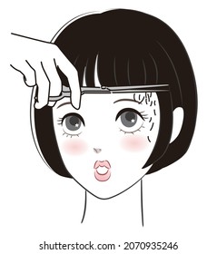 Vector illustration of a young woman cutting bangs