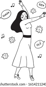 A vector illustration of a young woman dancing flamenco. Hand drawn doodle style. Spanish dancer. 