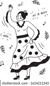 A vector illustration of a young woman dancing flamenco. Hand drawn doodle style. Spanish dancer. 