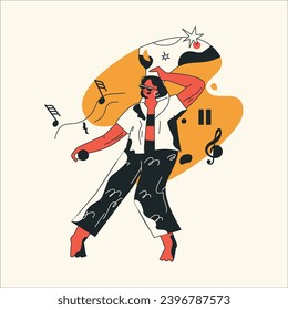 Vector illustration of a young woman dancing flamenco with notes.